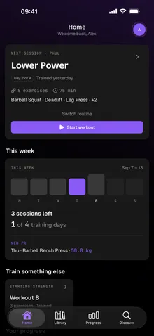 Exert home screen showing the next workout and weekly training progress