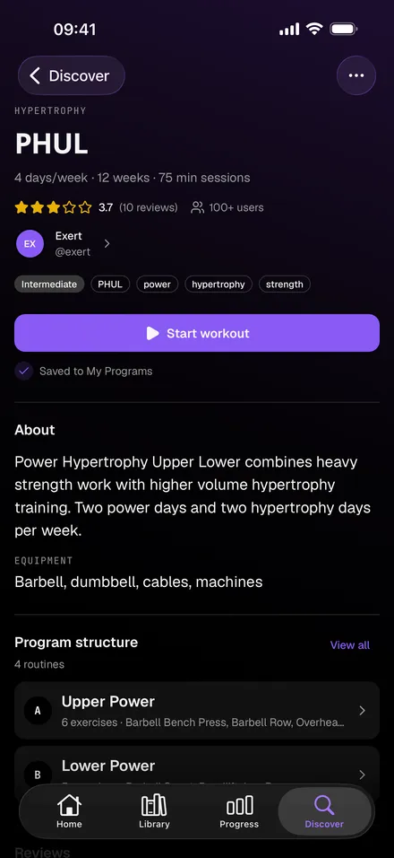 Exert program details with a training schedule, equipment and routines