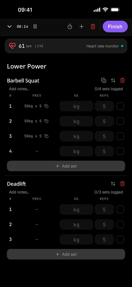 Exert workout logger with weight and rep fields for each exercise set